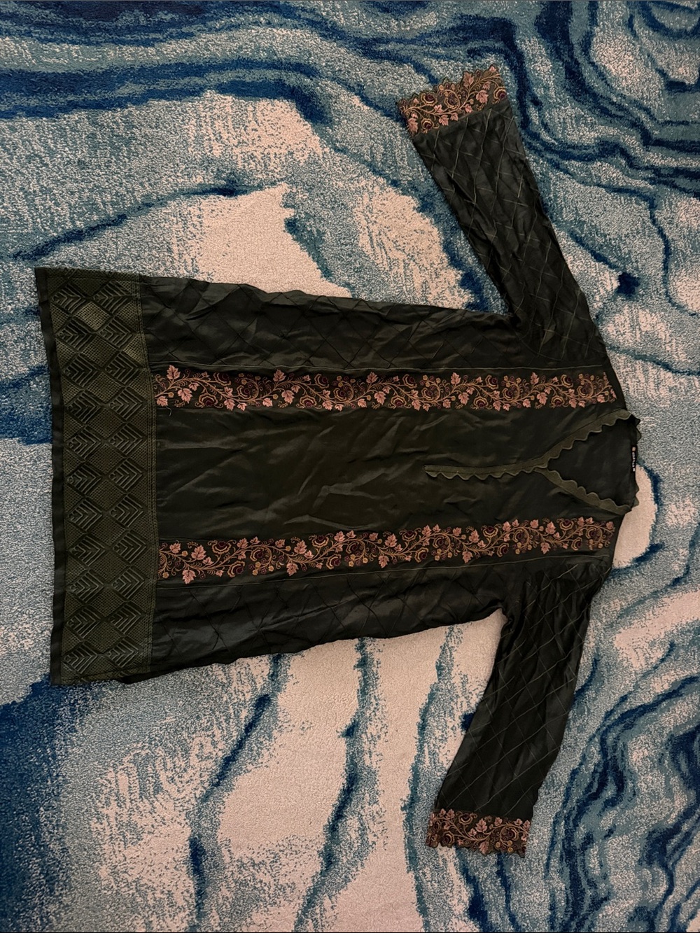 Embroidered Dark Green Kurta with Rose Accents